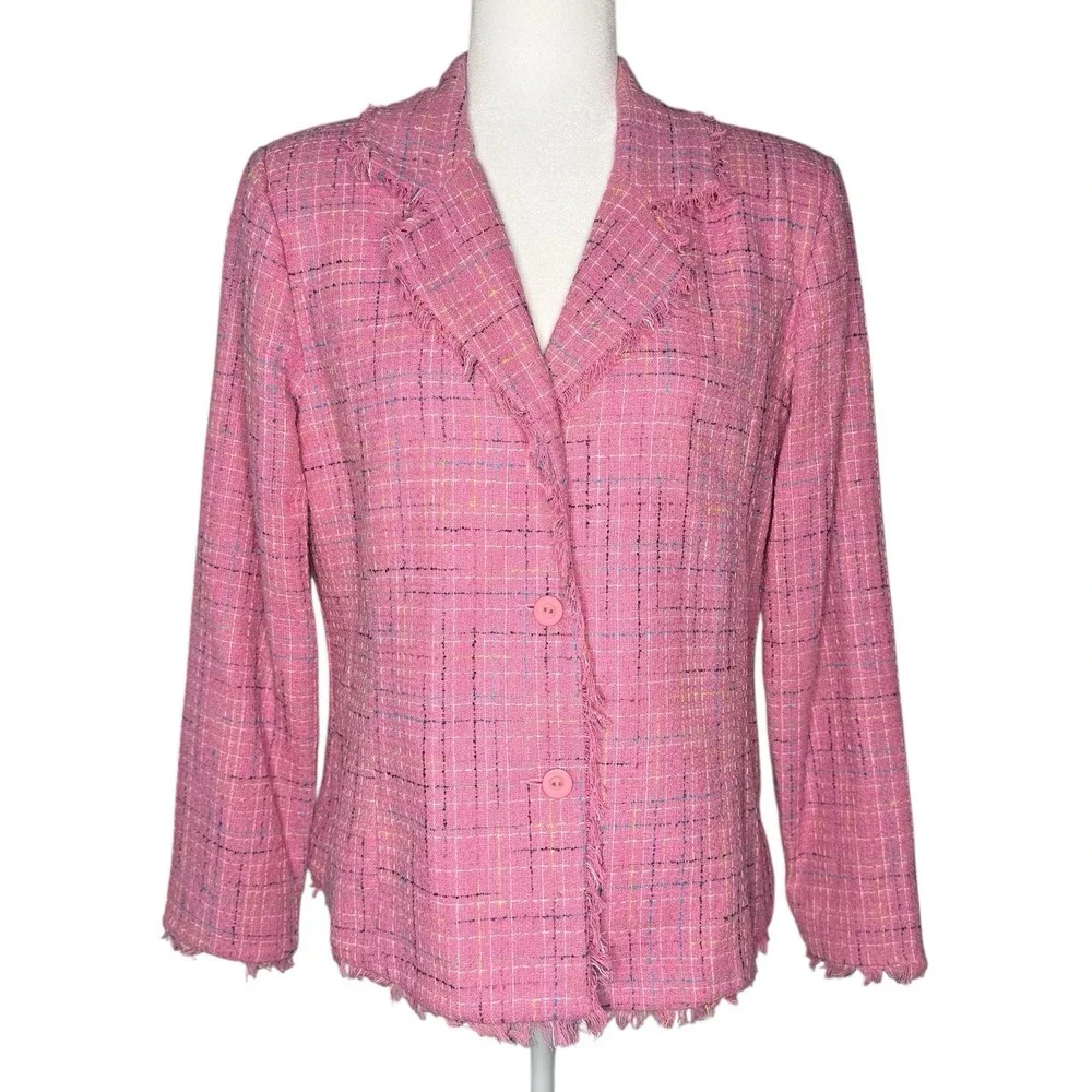 Anne‎ Carson Silk Tweed Blazer M Jacket Pink Frayed Hem Office Career Barbiecore